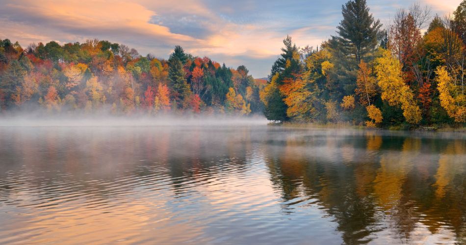 lake fog sunrise with autumn foliage mountains new england stowe 1
