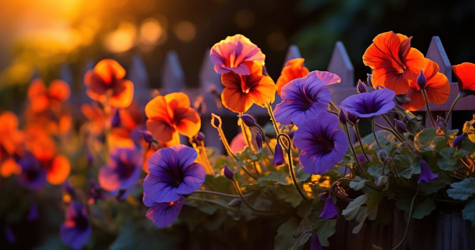 cascade fieryhued nasturtiums contrasts with neat lines garden fence 1